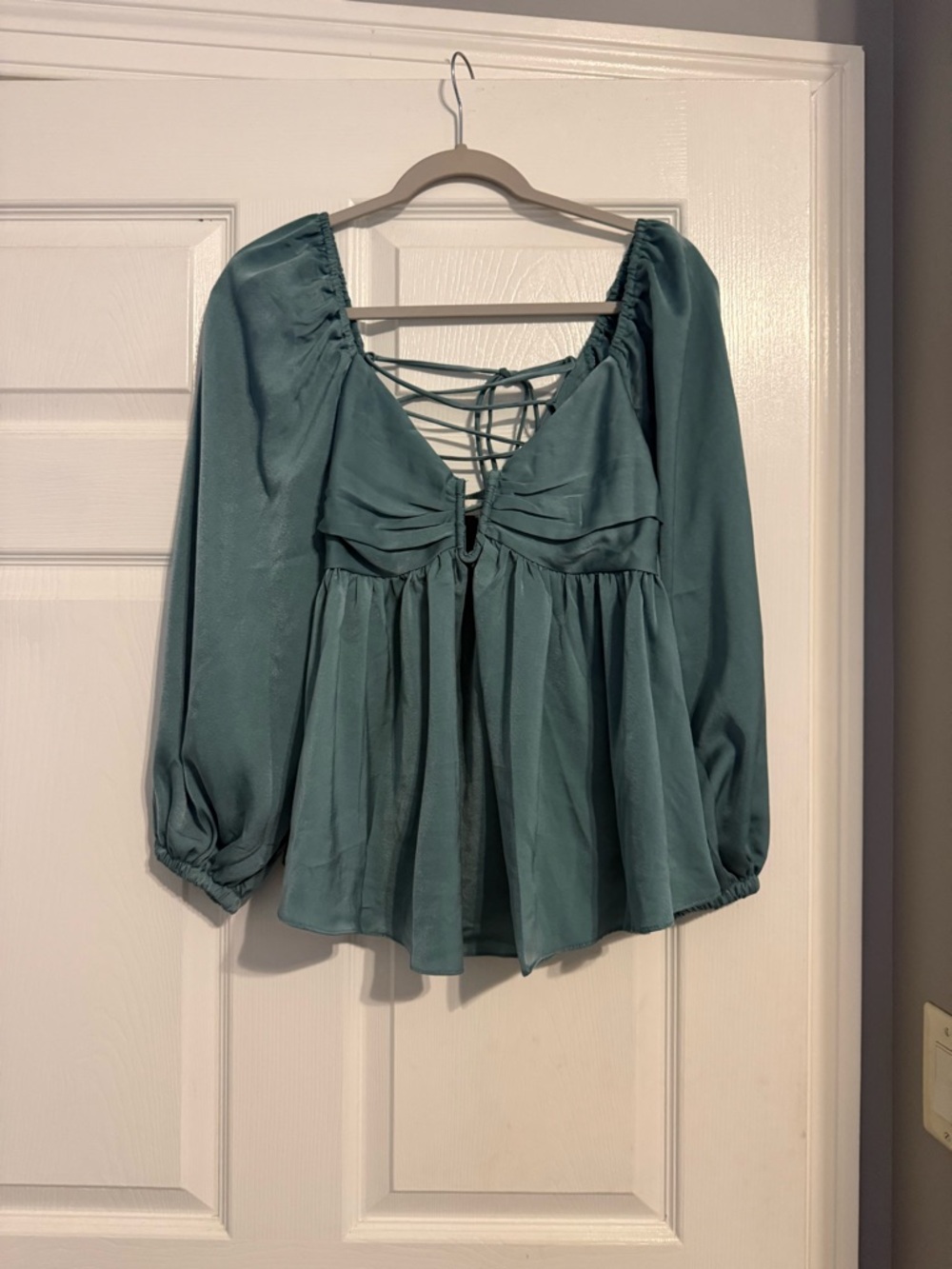 Mustard Seed Teal Peasant Blouse with Lace-Up Back